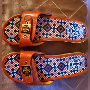 Tory Burch Dixon Orange Patent Leather/Wood Clog Slides Sz7